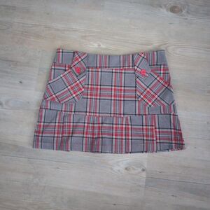 Vintage Grey Red Plaid Pleated Grunge Mini Skirt
